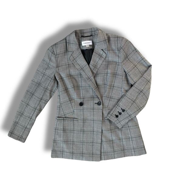 Calvin Klein Glenn Plaid Double Breasted Blazer Jacket Sz 8 Grey Black Plaid - Picture 1 of 11